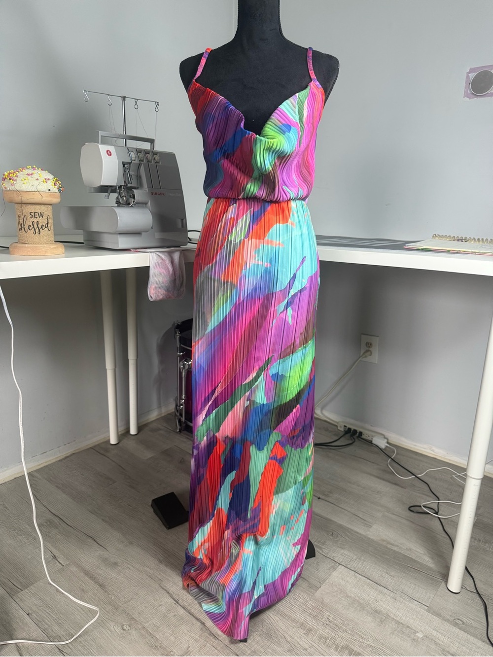 PrettyLittleThing Rainbow Pleated Maxi Dress in Turquoise, Fuchsia & Purple